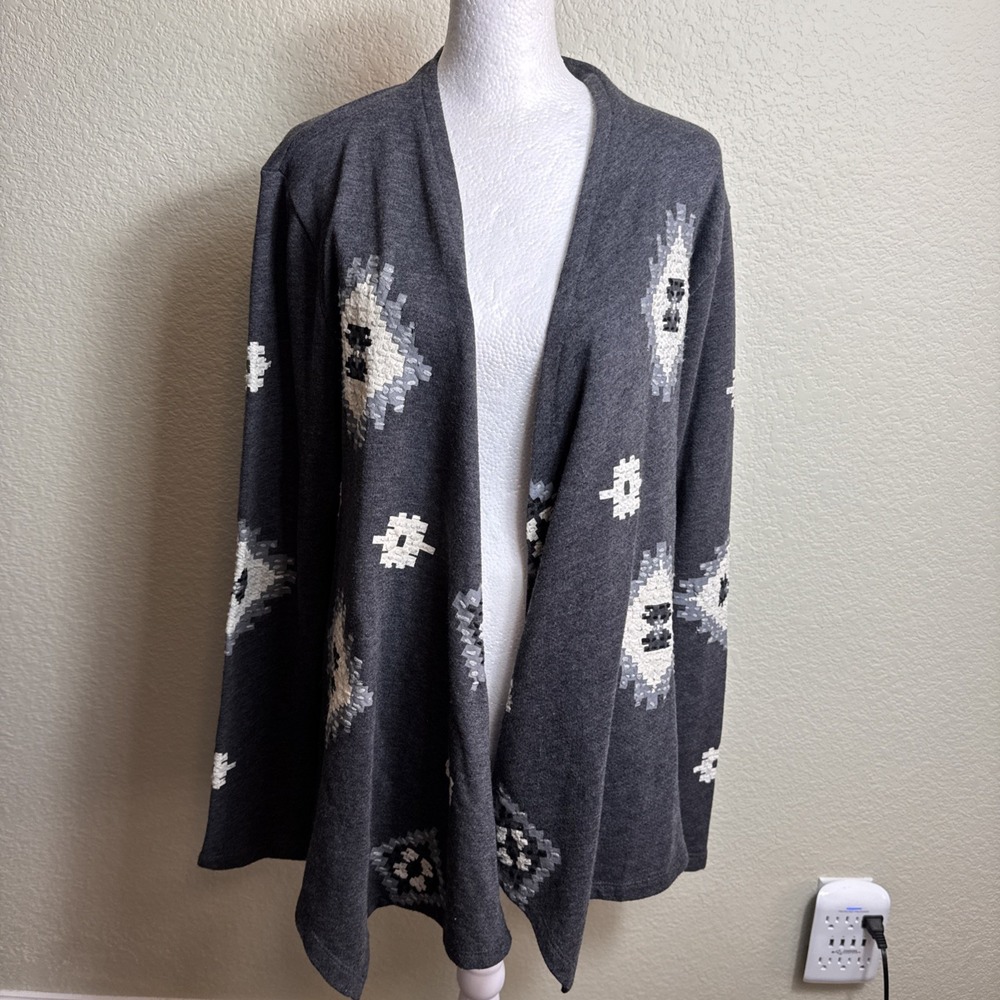 Lucky Bliss Women's Sweater Cardigan Gray Open Front Back‎ Tie Size L Geometric